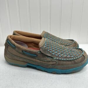 Twisted X Driving Mocs Womens 10M Bomber Turquoise Brown Check Slip On Loafer